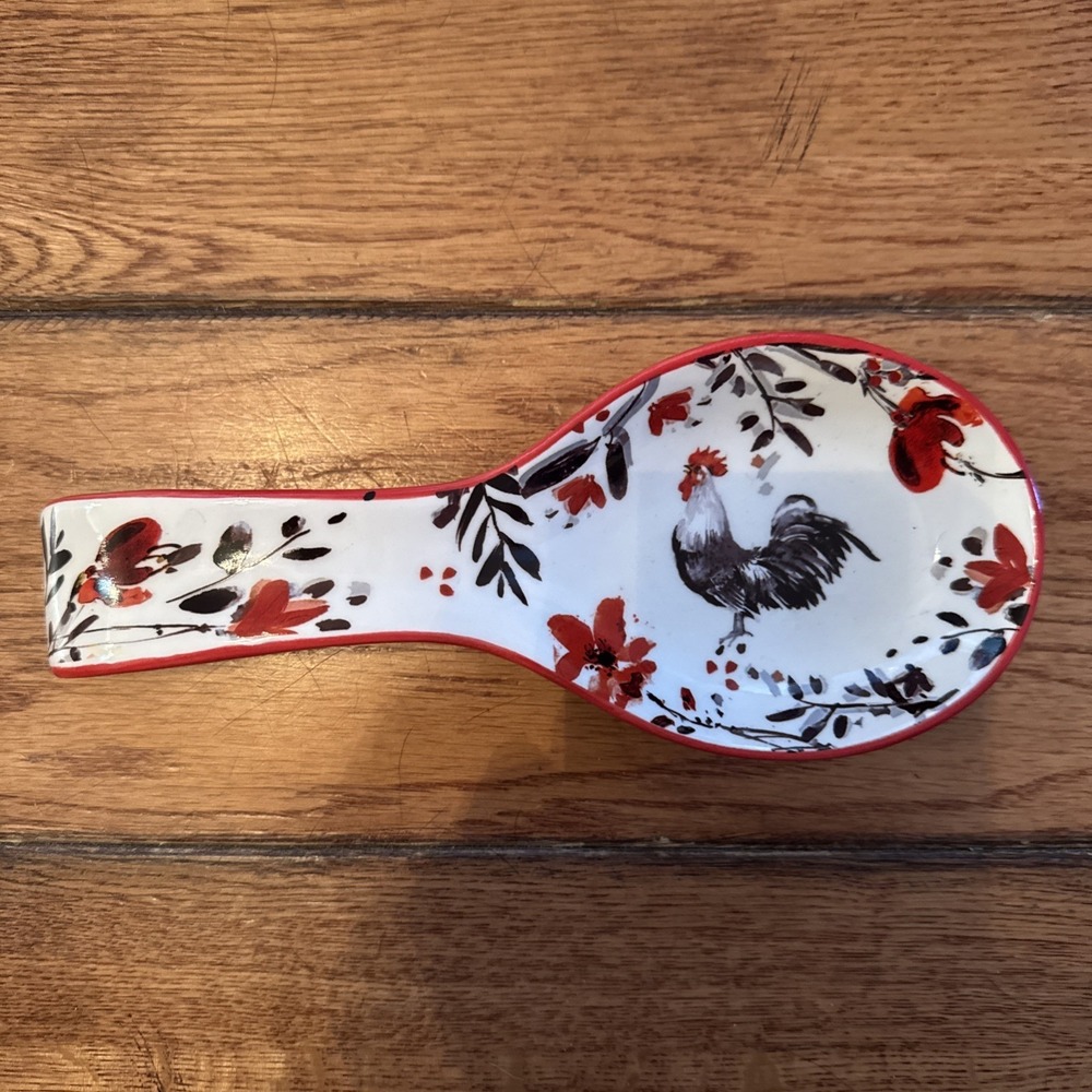 Cracker Barrel Rooster Spoon Rest By Susan Winget White Black Red Country